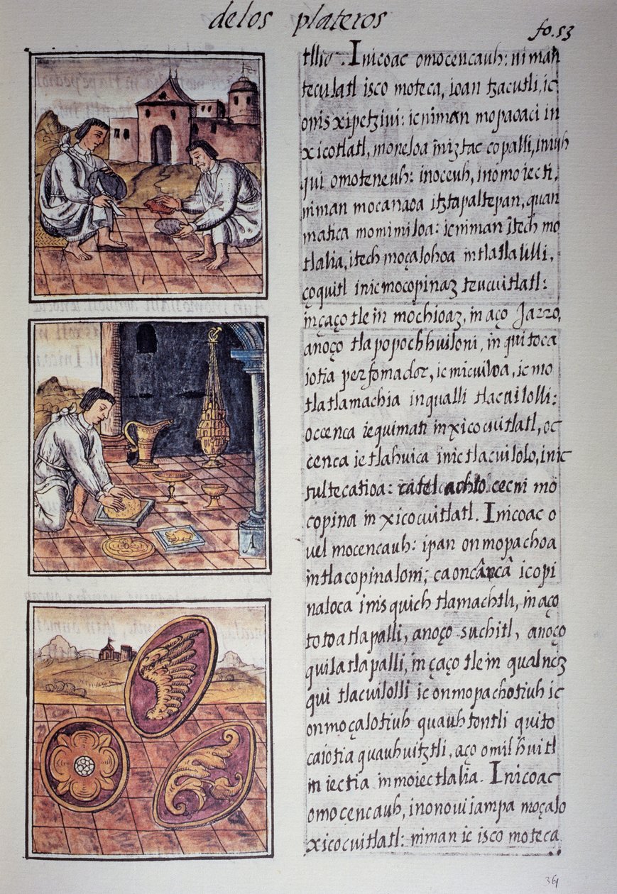 Tafelgeschirr- und Schildproduktion, Seite aus dem Florentiner Kodex, zweisprachige Version in Spanisch und Nahuatl, Allgemeine Geschichte der Dinge von Neuspanien, von dem spanischen Missionar Fray Bernardino de Sahagun von Georg Carl Heinrich Dollmann