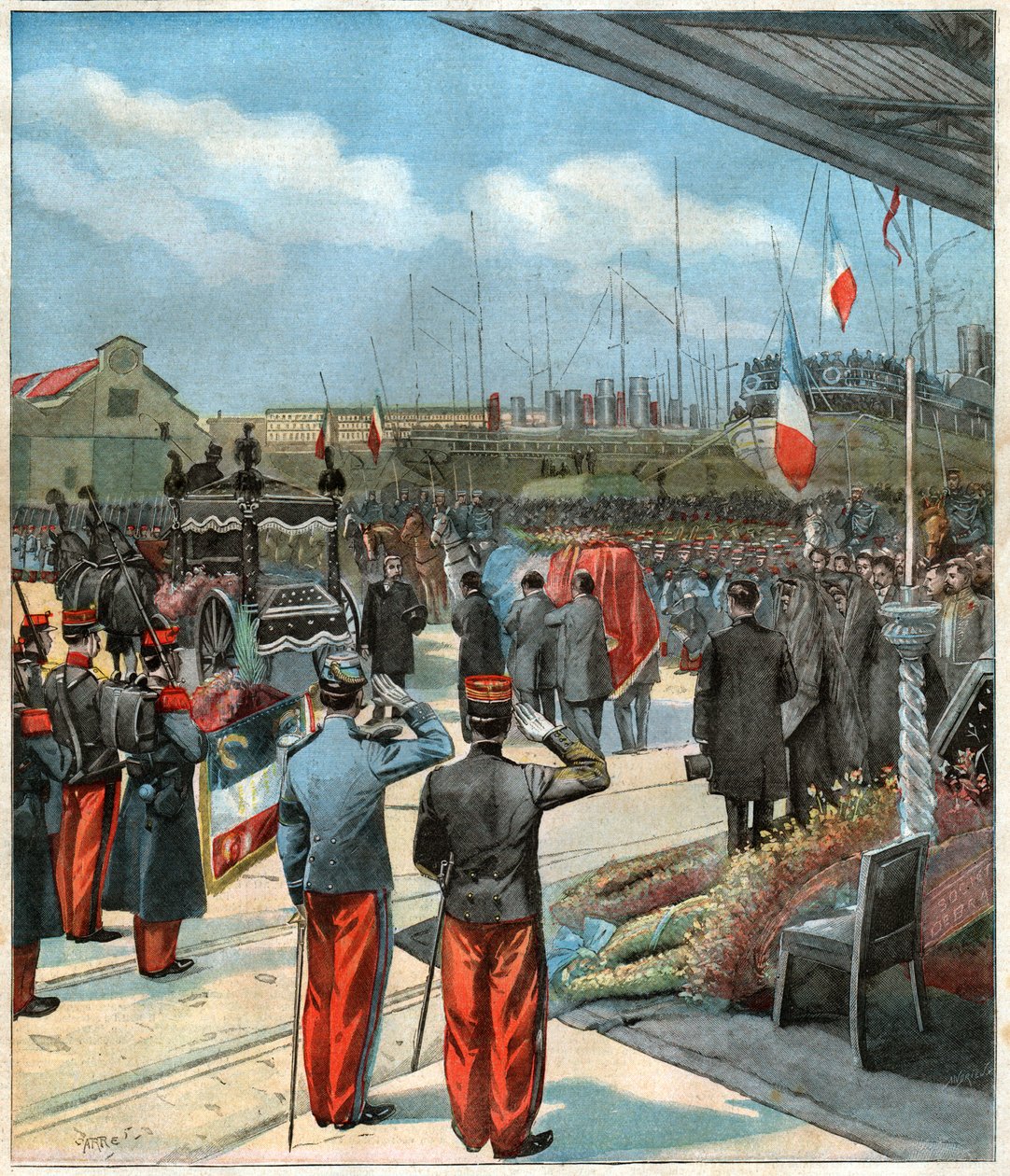 Der Leichnam des französischen Entdeckers Pierre Savorgnan de Brazza wird von Dakar (Senegal) nach Paris überführt (Illustration) von John Pardon