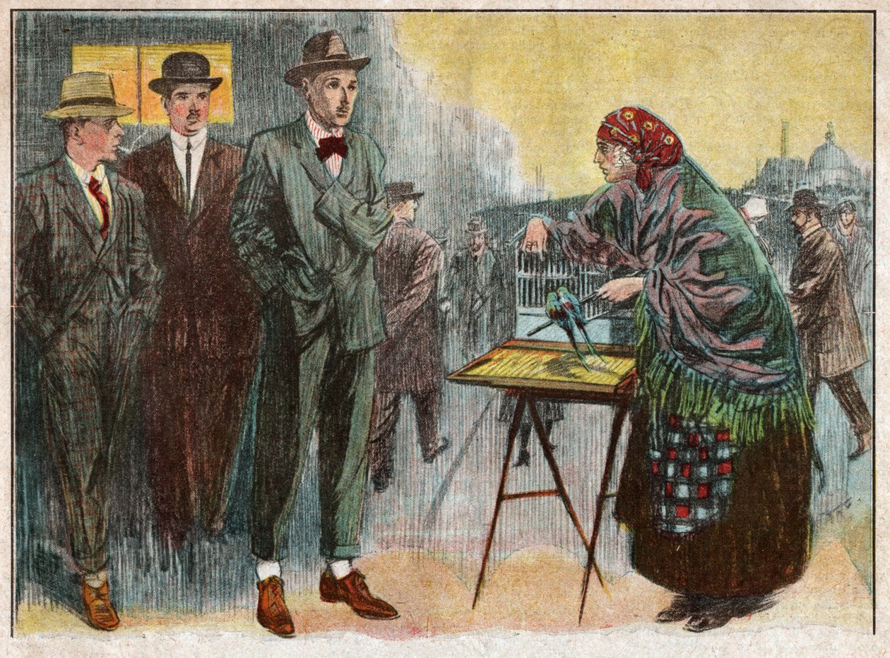 Frau praktiziert Wahrsagerei mit Vögeln. 1926 (Illustration) von . .
