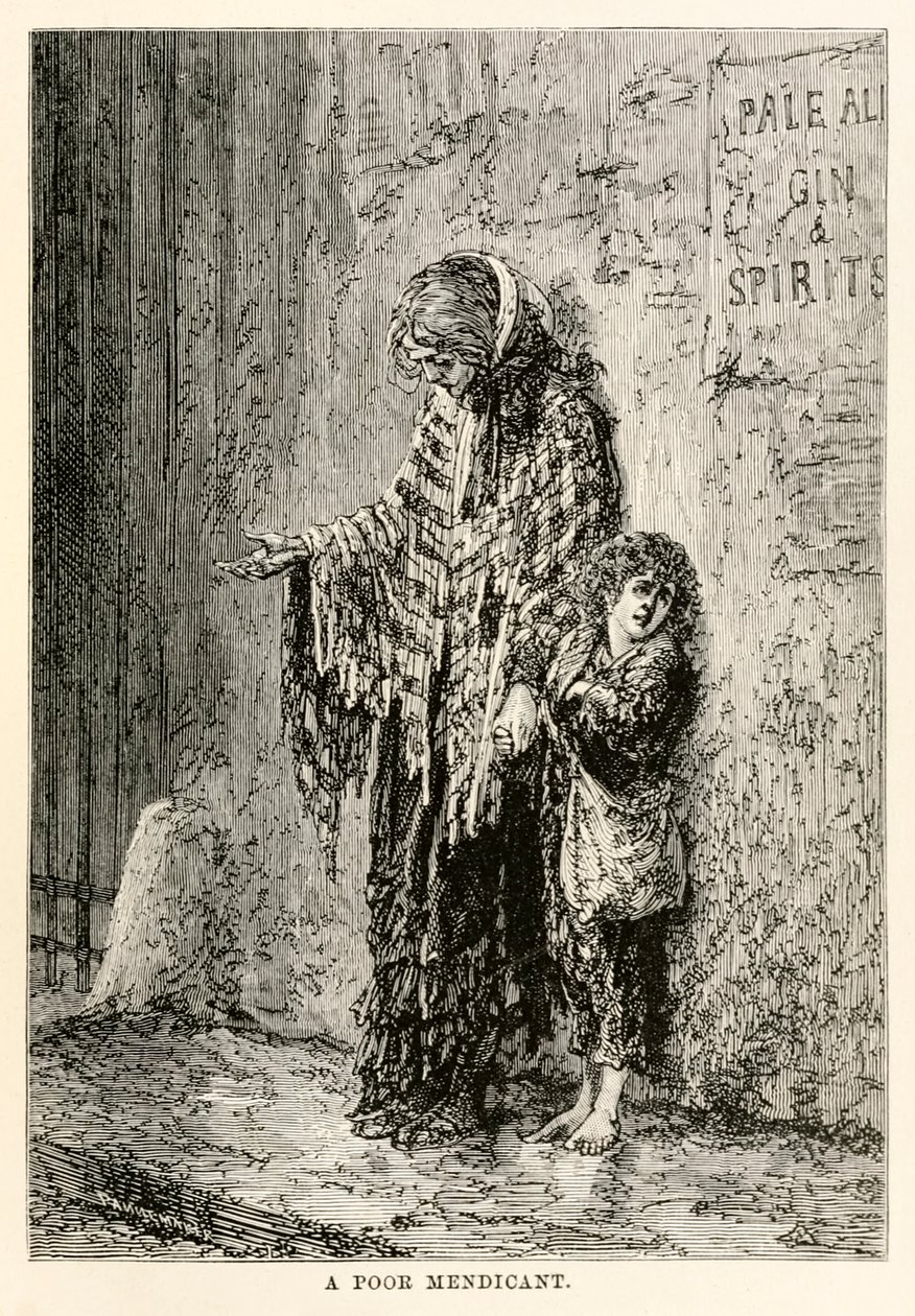 Ein armer Bettler, aus In 80 Tagen um die Welt von Jules Verne, graviert von Louis Dumont, 1873 von after Alphonse Marie de Neuville