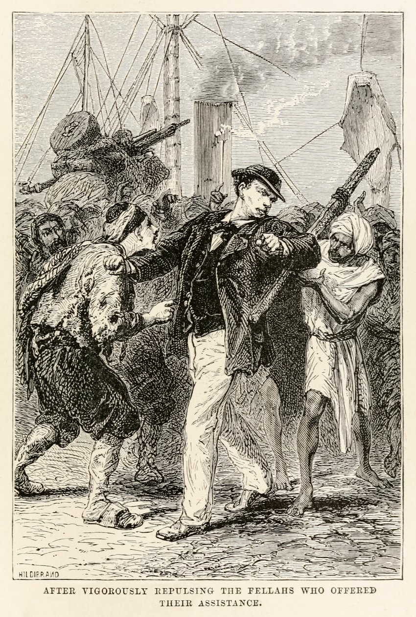 Nach dem energischen Zurückweisen der Fellachen, die ihre Hilfe anboten, aus In 80 Tagen um die Welt von Jules Verne, graviert von Henri-Théophile Hildebrand, 1873 von after Alphonse Marie de Neuville