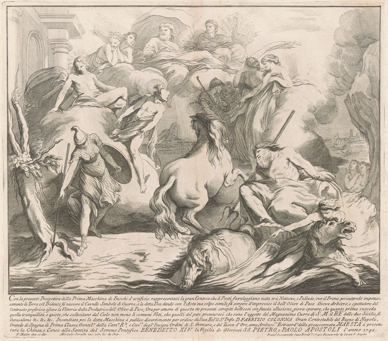 Die Prima Macchina für die Chinea von 1742: Der Wettstreit von Neptun und Minerva von after François Hutin Miguel de Sorellò