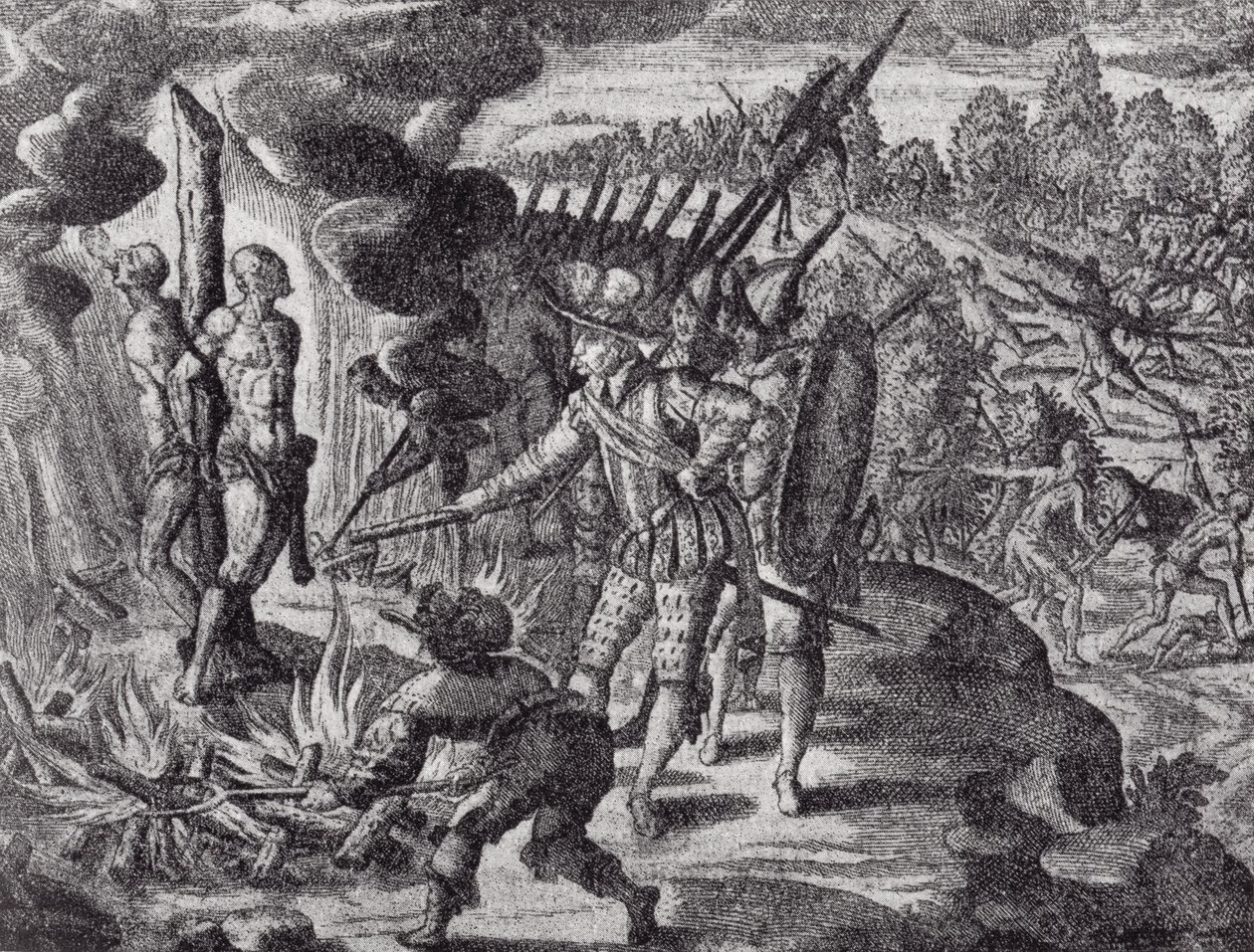 Die Rache der Spanier für den Tod von Ayolas, aus Gottfrieds Historia Antipodum, veröffentlicht 1655, aus Die Romanze des Rio de la Plata, Bd. I, von W. H. Koebel, 1914 von after German School