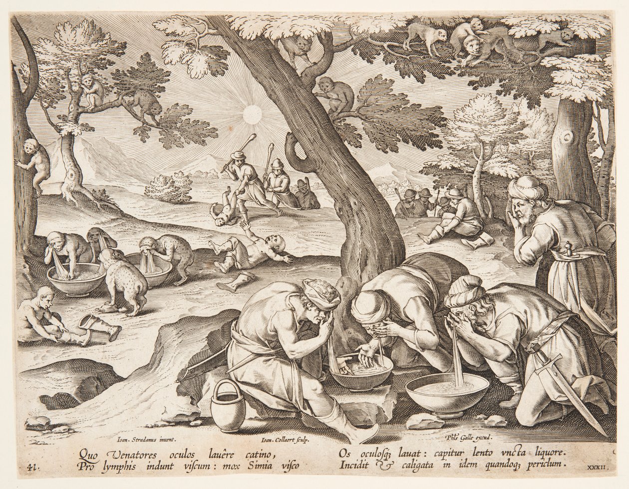 Affen, die Jäger nachahmen von after Jan van der Straet, called Stradanus