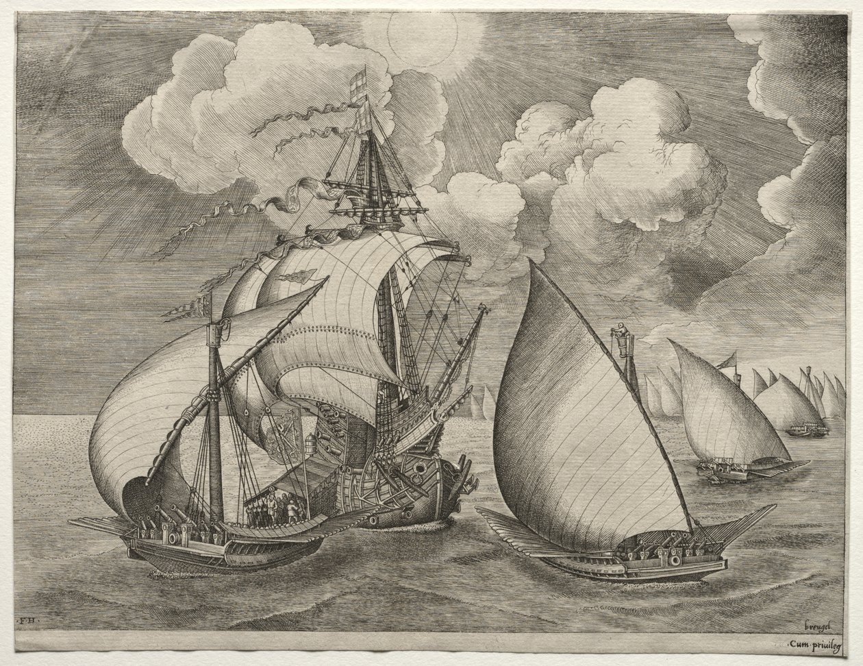 Segelschiffe: Eine Flotte von Galeeren eskortiert von einer Karavelle von after Pieter Bruegel