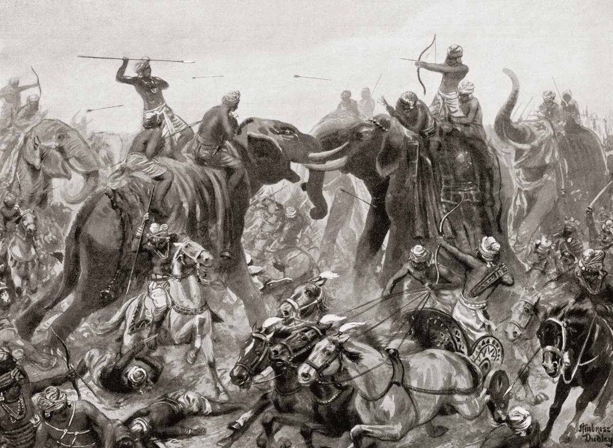 Die Niederlage von Pulakeshin Chalukhya durch Narasimhavarman I. in Badami im Jahr 642 n. Chr., aus Hutchinsons Geschichte der Nationen, veröffentlicht 1915 von after Robert Dudley