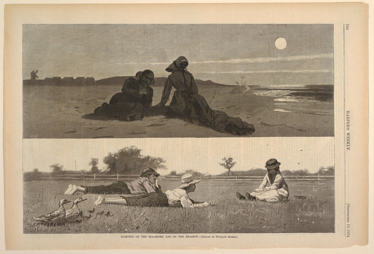 Flirten am Meeresufer und auf der Wiese von Winslow Homer
