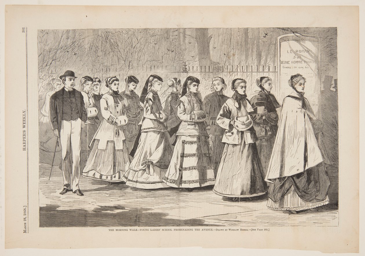 Der Morgenspaziergang – Junge Damen promenieren auf der Allee von after Winslow Homer