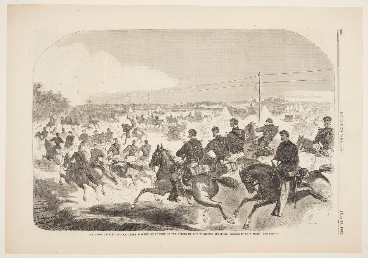 Die Union Kavallerie und Artillerie starten die Verfolgung der Rebellen auf der Yorktown Turnpike von Winslow Homer