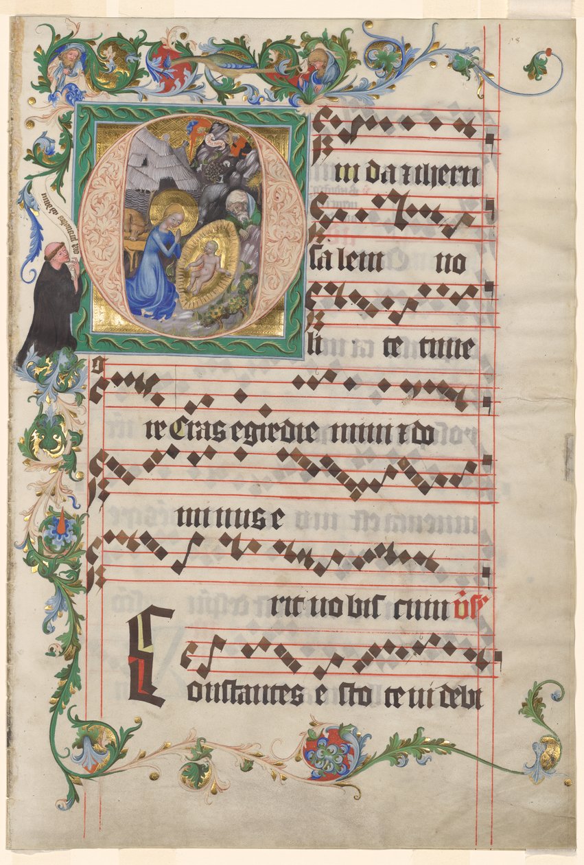 Bifolio aus einem Antiphonar: Historisierte Initiale O mit der Geburt Christi von after a work attributed to Zhou Wenju