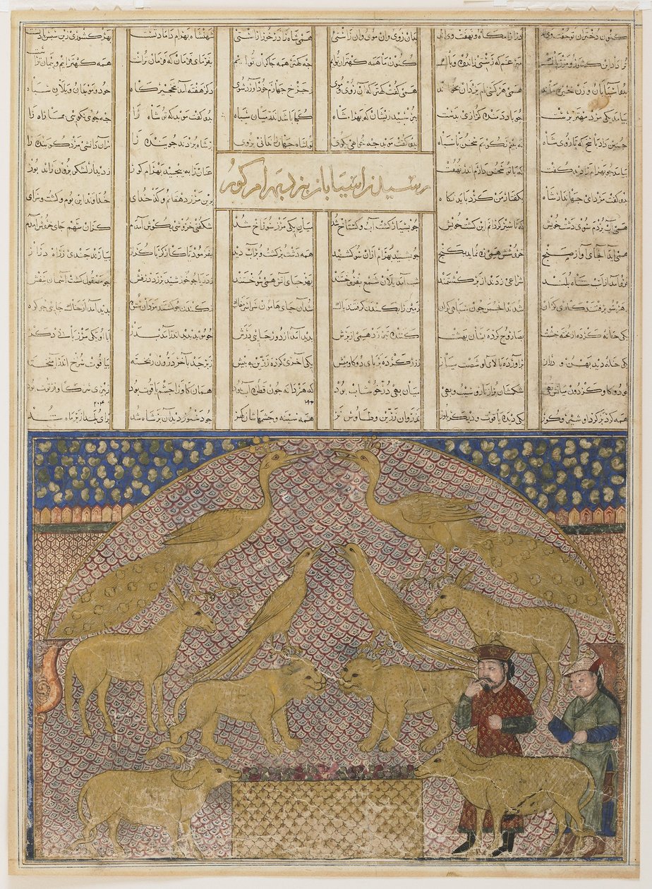 Folio aus einem Shahnama (Buch der Könige) von Firdawsi (gestorben 1020); recto: Text; verso: Illustration und Text: Bahram Gur findet Jamshids Schatz von anonymous 