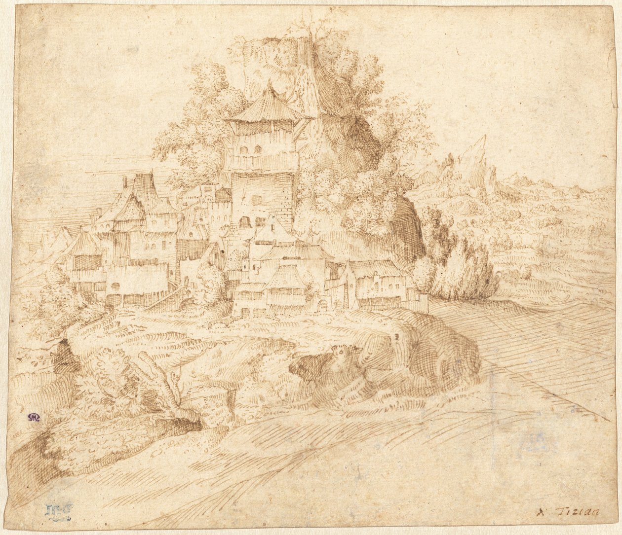Ein Dorf am Fuße eines Hügels (recto) von circle of Giorgione