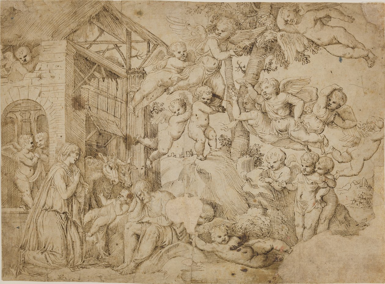 Die Anbetung des Christkindes mit einem Chor von Putti von dall
