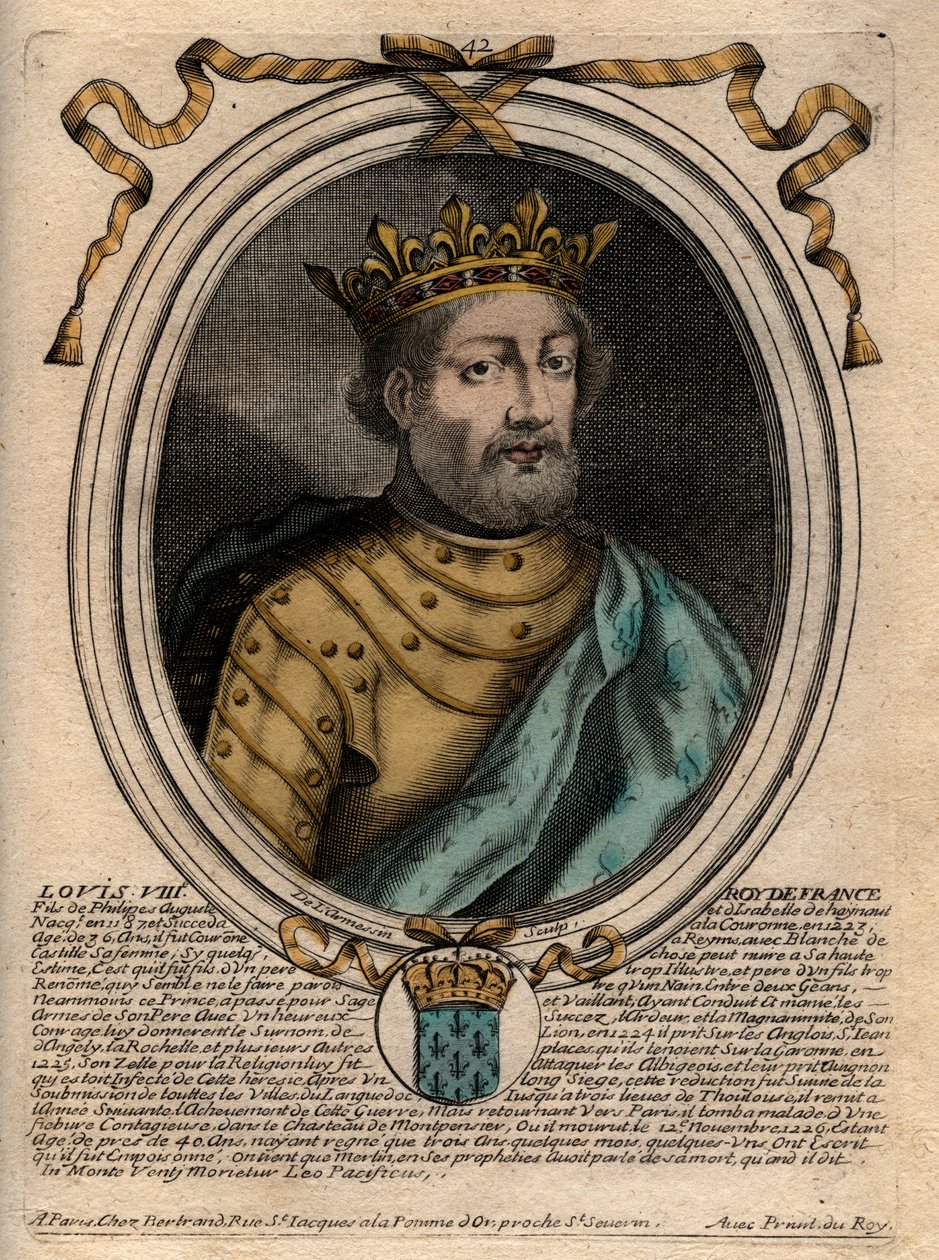 Porträt von Ludwig VIII. (1187-1226), König von Frankreich - Ludwig VIII. (1187-1226) König von Frankreich - Gravur aus „Les Augustes Representations de tous les Kings de France depuis Pharamond à la LouisXIV“, Paris von de Larmessin
