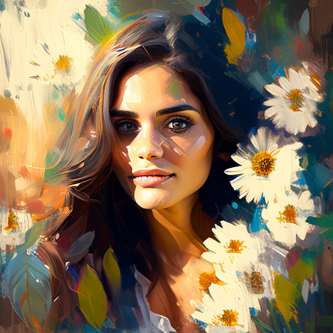 Schönes mexikanisches Frauenporträt mit Sonnenblumen von F. Abderrahim