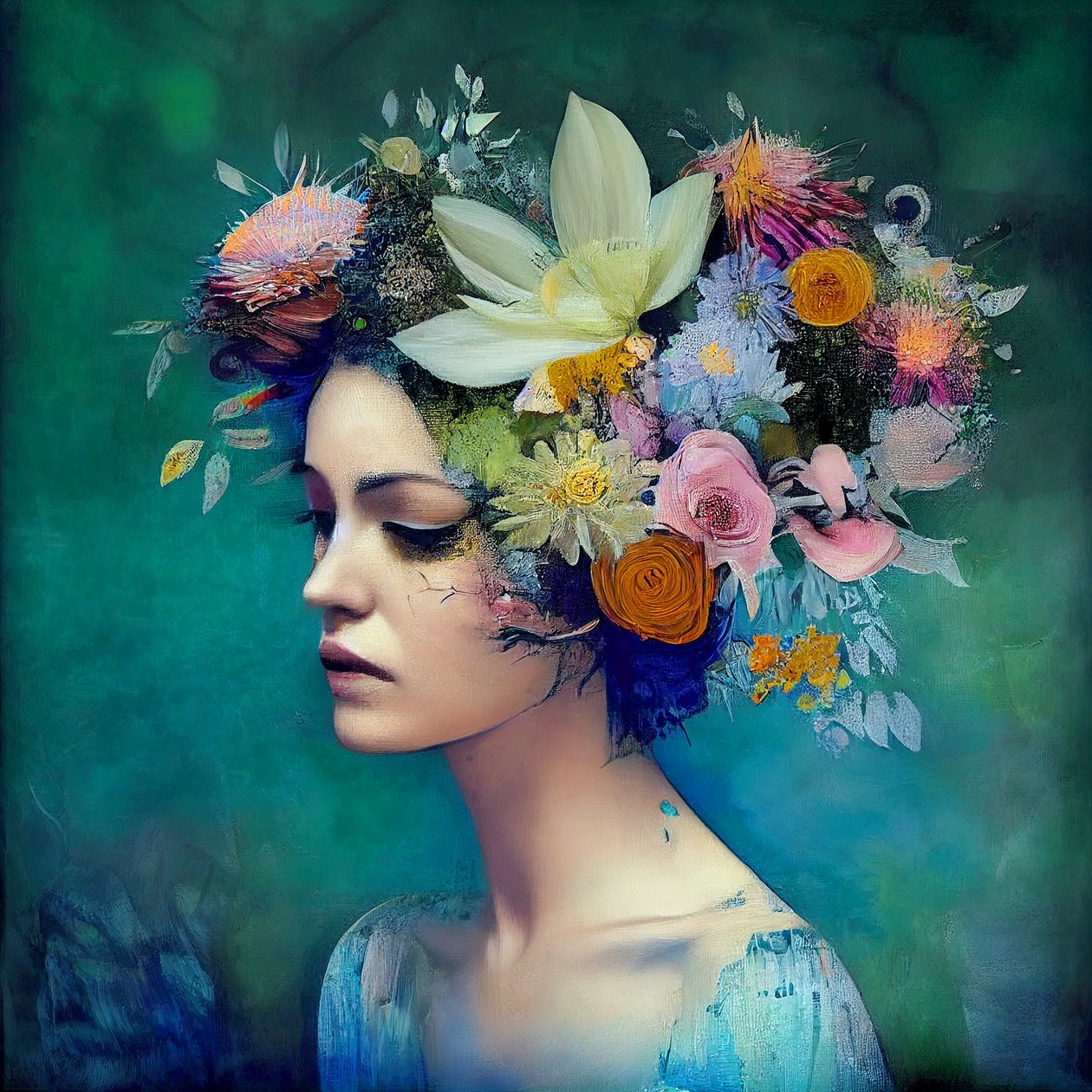 Schöne Frau mit Blumen, Abstrakte Malerei von F. Abderrahim