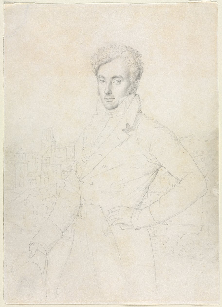 Porträt eines jungen Mannes, der auf dem Quirinal steht, mit der Turris Comitum im Hintergrund von follower of Jean Auguste Dominique Ingres