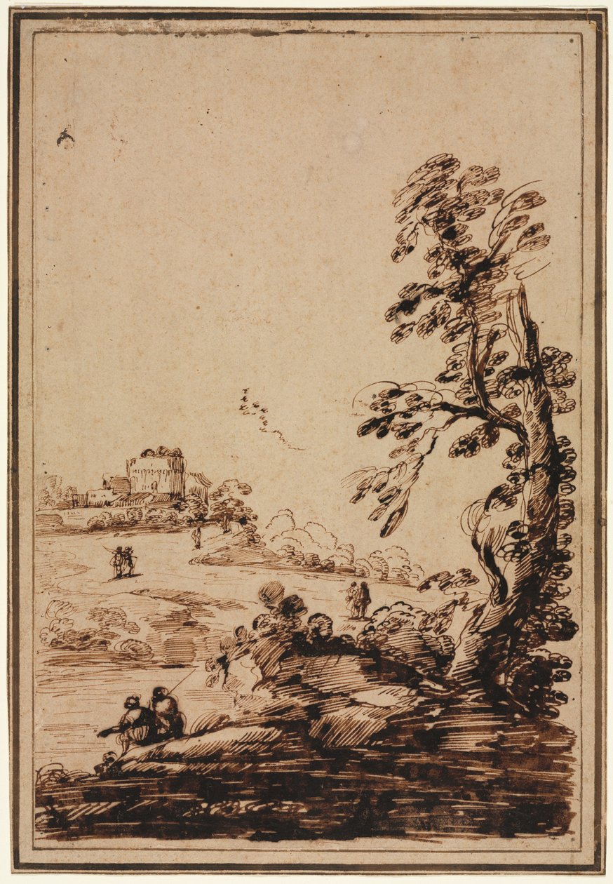 Landschaft mit kleiner Gebäudegruppe von imitator of Guercino