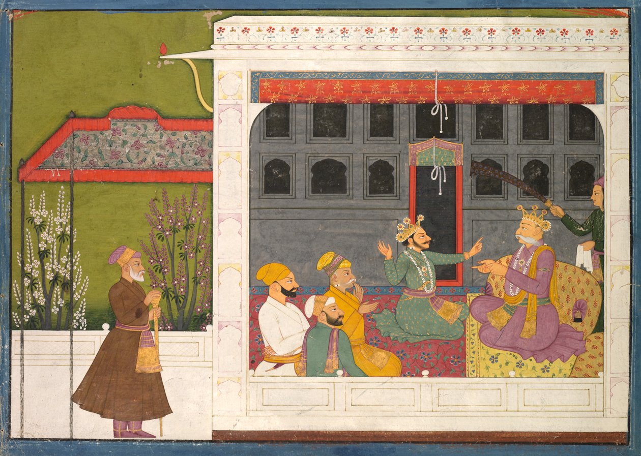 Shispul streitet mit Rukminis Vater Bhishmaka, Seite aus einer Rukmini Mangal-Serie von possibly by Mola Ram