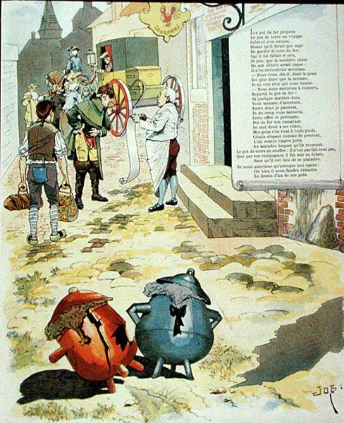 Illustration für Der Tontopf und der Eisentopf, aus Fabeln von Jean de La Fontaine von Onfray de Breville Job