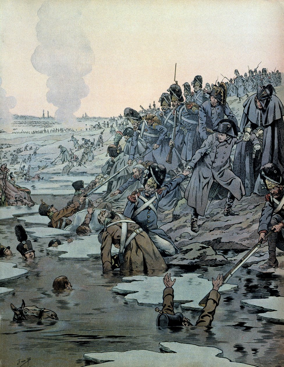 Feldzug von Österreich (1805): Nach der Schlacht von Austerlitz retteten Napoleon I. Bonaparte (1769-1821) und seine Soldaten die Russen aus den eisigen Seen am 2. Dezember von pseudonym for Onfray de Breville Jacques Job