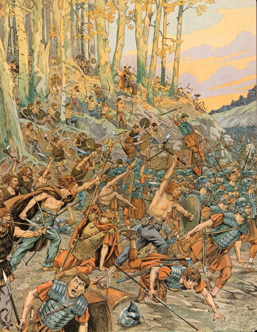 Jacques Marie Gaston Onfroy de Breville dit JOB (1858-1931) - Geschichte Belgiens: Schlacht von Aduatuca, im Geer-Tal im Jahr 54 v. Chr., die Eburonen (Belgier) massakrierten die römischen Legionen von Caesar während des Gallischen Krieges, Private Sammlun von pseudonym for Onfray de Breville Jacques Job