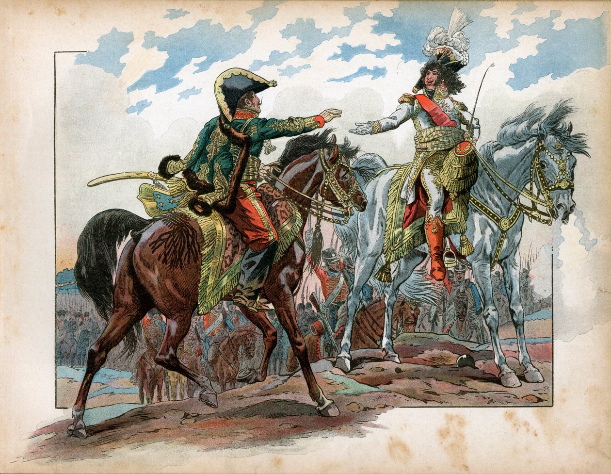 Joachim Murat (1767-1815) und General Antoine Charles Louis de La Salle (Lasalle) (1775-1809) während der Schlacht bei Heilsberg 1807. Gravur von Jacques Marie Gaston Onfray de Breville dit Job (1858-1931) von pseudonym for Onfray de Breville Jacques Job