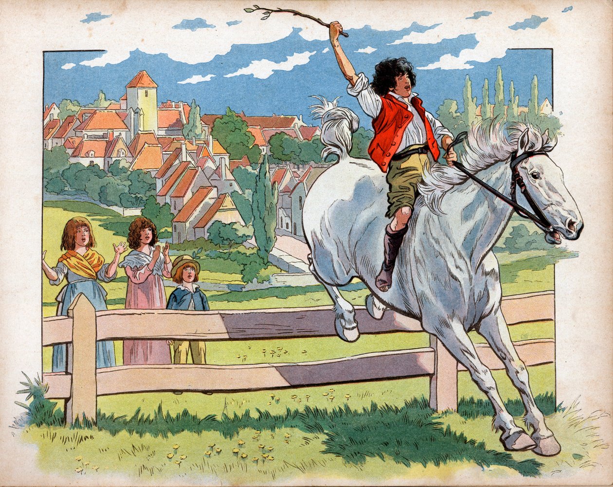 Joachim Murat als Kind auf einem Pferd, das über Hecken springt. Gravur von Jacques Marie Gaston Onfray de Breville, genannt Job von pseudonym for Onfray de Breville Jacques Job