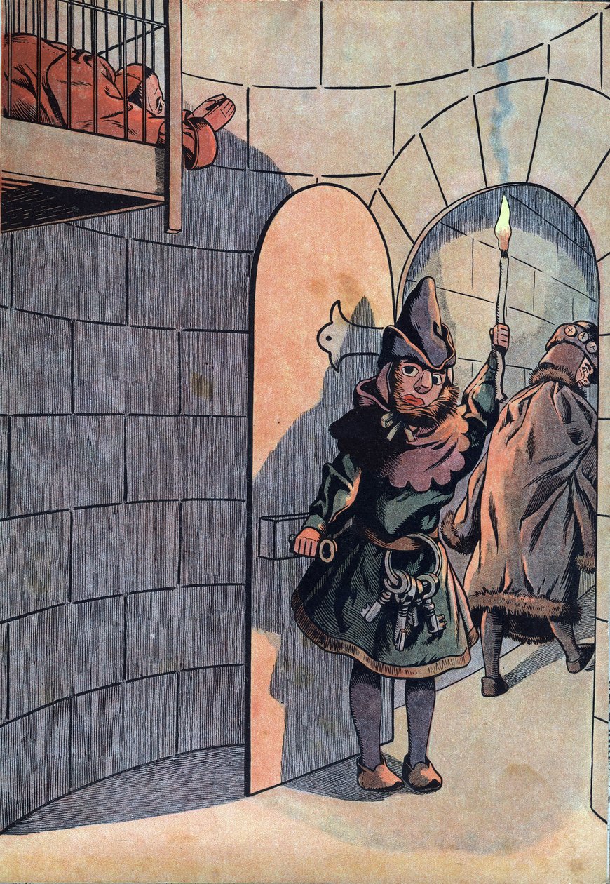 Szene aus der Geschichte Frankreichs mit Spielzeug: Verschwörung gegen König Ludwig XI. (1423-1483) mit Charles dem Kühnen, Jean Balue (1421-1491) wurde 11 Jahre lang in einer der Eisernen Käfige von König Ludwig XI. eingesperrt am 23. April 1469. In „Jouj von pseudonym for Onfray de Breville Jacques Job