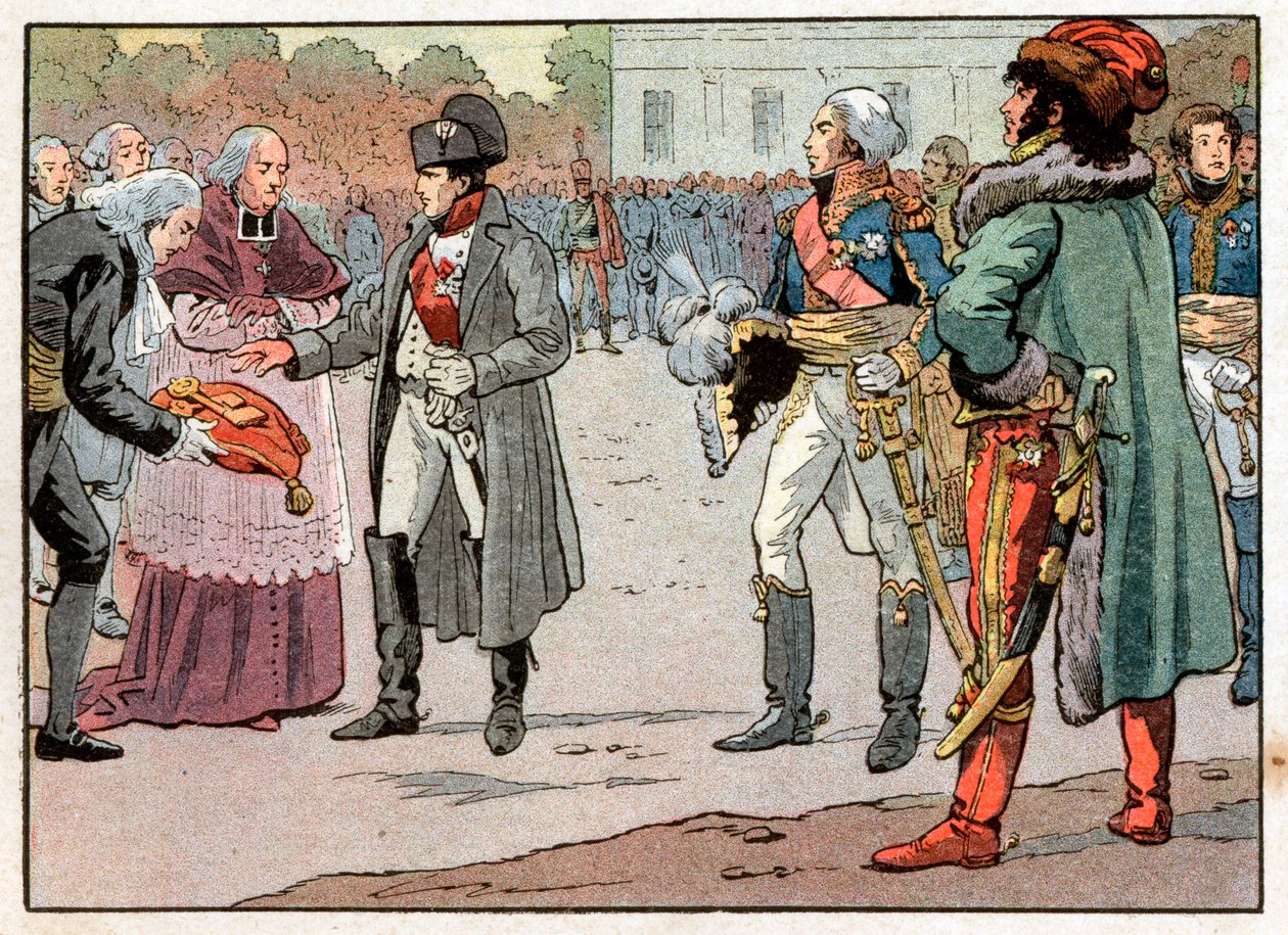 Die Verteidiger von Wien übergaben Napoleon I. Bonaparte (1769-1821) die Schlüssel der Stadt in Anwesenheit von Joachim Murat (1767-1815) am 14.11.1805. Gravur von Jacques Marie Gaston Onfray de Breville dit Job (1858-1931) von pseudonym for Onfray de Breville Jacques Job