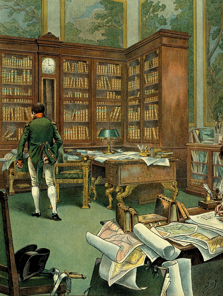Arbeitszimmer von Napoleon I. Bonaparte im ersten Stock des Palais des Tuilerien, während er Erster Konsul war. Schreibtisch mit Bibliothek und Uhr aus Holz. Illustration von Jacques Marie Gaston Onfray de Breville, genannt JOB von pseudonym for Onfray de Breville Jacques Job