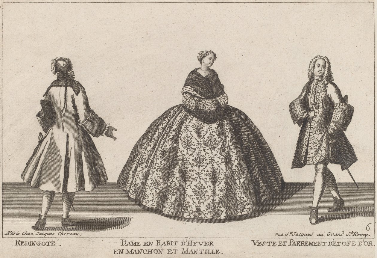 Redingote/Dame im Winterkleid mit Muff/Weste und Besatz aus Goldstoff von published by Jacques Chéreau