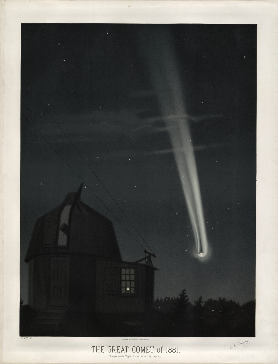 Der große Komet von 1881 (Komet C/1881 K1). Beobachtet in der Nacht vom 25. auf den 26. Juni um 1h. 30m. A.M. (Tafel XI der Trouvelot Astronomischen Zeichnungen 1881) von Étienne Léopold Trouvelot