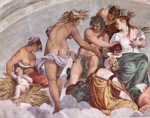 Allegorien von Sommer und Herbst (Bacchus und Ceres), Nordwand, Lünette über der Tür zum Garten, Halle des Olymp von Veronese