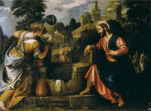 Christus und die Samariterin am Brunnen. Gemälde von Paolo Caliari genannt Paolo Veronese (1528-1588), 1580. Real Monasterio de San Lorenzo de El Escorial.