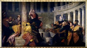 Jesus spricht mit den Doktoren. Gemälde von Paolo Veronese (1528-1588)