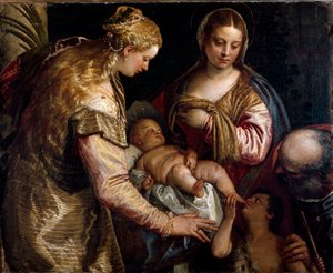 Die Heilige Familie mit der heiligen Barbara und Johannes dem Täufer. Gemälde von Paolo Veronese, ca. 1562