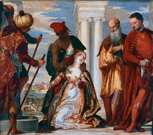 Das Martyrium der heiligen Justina. Heilige Justina von Padua wird mit einem Schwertstich durchbohrt. Gemälde von Paolo Veronese