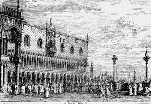 Dogenpalast und Piera del Bando, Venedig, Gravur von Giovanni Antonio Canal, bekannt als Canaletto (1697-1768), Italien