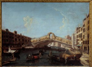Ansicht der Rialto-Brücke in Venedig Gondeln auf dem Canal Grande. Gemälde von Antonio Canal genannt Canaletto 18. Jahrhundert Nimes, Museum der Schönen Künste