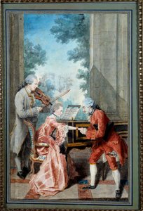 Mademoiselle Delou, Monsieur Philippe und Monsieur de Texier Ein Gentleman zollt einer jungen Pianistin Tribut. Aquarell von Louis Carrogis, genannt Carmontelle (1717-1806) 18. Jahrhundert Paris, Musée Carnavalet von Carmontelle