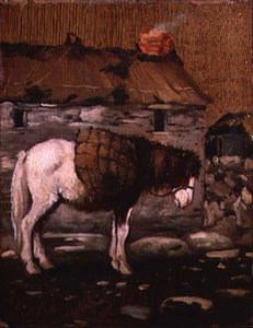 Pony wartet vor einem Cottage von Sami School