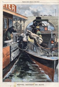 Tödlicher Unfall auf der Seine: Ein Mitarbeiter der Compagnie des Bateaux Parisiens stirbt zwischen zwei Booten in der Nähe der Charenton-Brücke. Gravur in „Le Petit Parisien“ am 17.02.1901. von (after) Carrey
