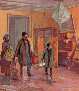 Russische Arbeiterfamilie bezieht nach der Revolution eine bürgerliche Wohnung (Farblithografie) von (after) Carrey