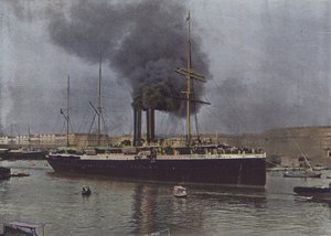 Marseille, Ein Schiff der Messageries Maritimes verlässt den Hafen (farbiges Foto)
