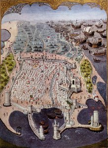 Angriff östlicher Schiffe auf Rhodos im Jahr 1482 - nach Miniatur von (after) French School