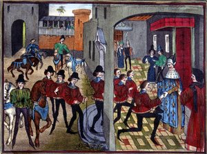 Karl der Große empfängt die 4 Aymon-Söhne am Hof und schlägt sie zu Rittern - nach einer Miniatur des 13. Jahrhunderts von Huon de Villeneuve von (after) French School