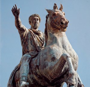 Reiterstatue des römischen Kaisers Marc Aurel. Bronzeskulptur. Kopie nach dem Original im Kapitolinischen Museum, Rom