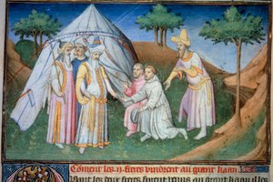 Die Brüder Nicolo und Matteo Polo, Vater und Onkel des jungen Marco Polo (1254-1324), wurden am Hof des Großkhan Qubilai (Kubilai Khan, erster Kaiser der mongolischen Yuan-Dynastie (1215-1294), mongolischer Kaiser im Jahr 1271) empfangen. Miniatur aus „ von (and workshop) Boucicaut Master