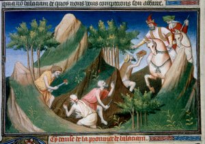 Rubinabbau aus dem Berg Sighinan im Auftrag des Königs von Badakhshan. Miniatur aus Das Buch der Wunder (Devisement of the World, Il Milione) von Marco Polo, illustriert vom Meister von